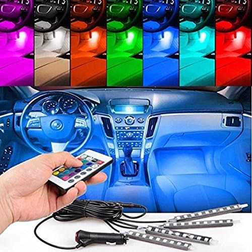 Car LED Strip Light, 4pcs 36 LED Multi-color Car Interior Lights Under Dash Lighting Waterproof Kit with Multi-Mode Change and Wireless Remote Control, Car Charger Included,DC 12V
