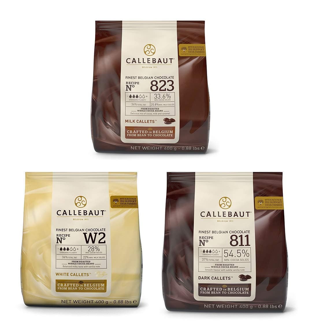 Callebaut Chocolate Bundle 3x400g Milk, Dark and White couverture callets