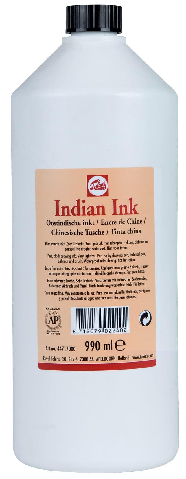 Talens Indian Ink Bottle 990 ml Black 700 - Fast-Drying Waterproof Ideal for Dip Pens, Air Brushes, Ruling Pens