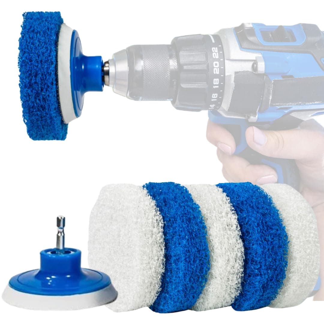7 Pack Multi-Purpose Drill Brush Kit for Cleaning Bathrooms, Showers, Tubs, Tile, Floors, Sinks, Toilets, Grout and Grime Removal, Reversible Blue and White Scrub Pads