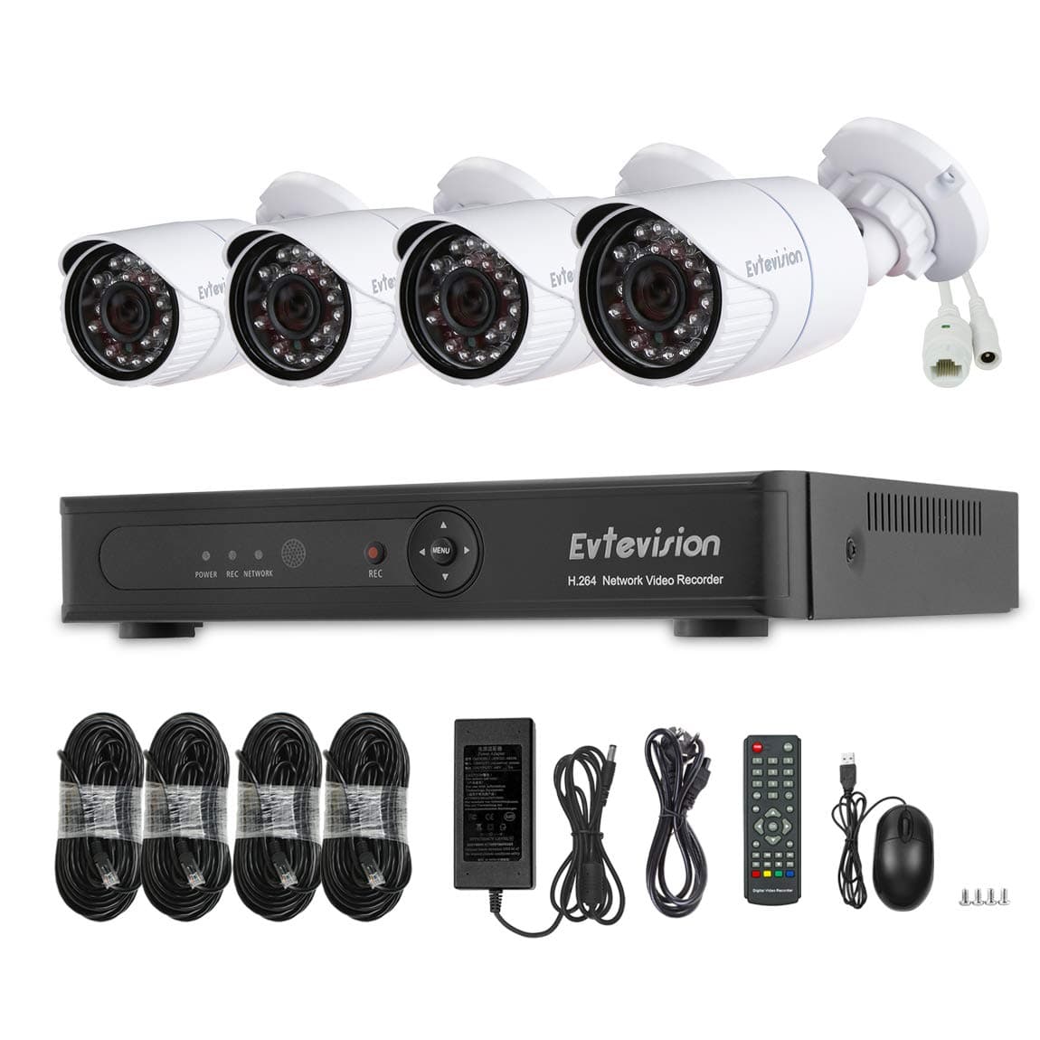 Evtevision 4CH 1080P POE NVR HD Security System with 4PCS 1080P Surveillance IP Network Security Camera Outdoor IR Night Vision, Power Over Ethernet, Smart Recording