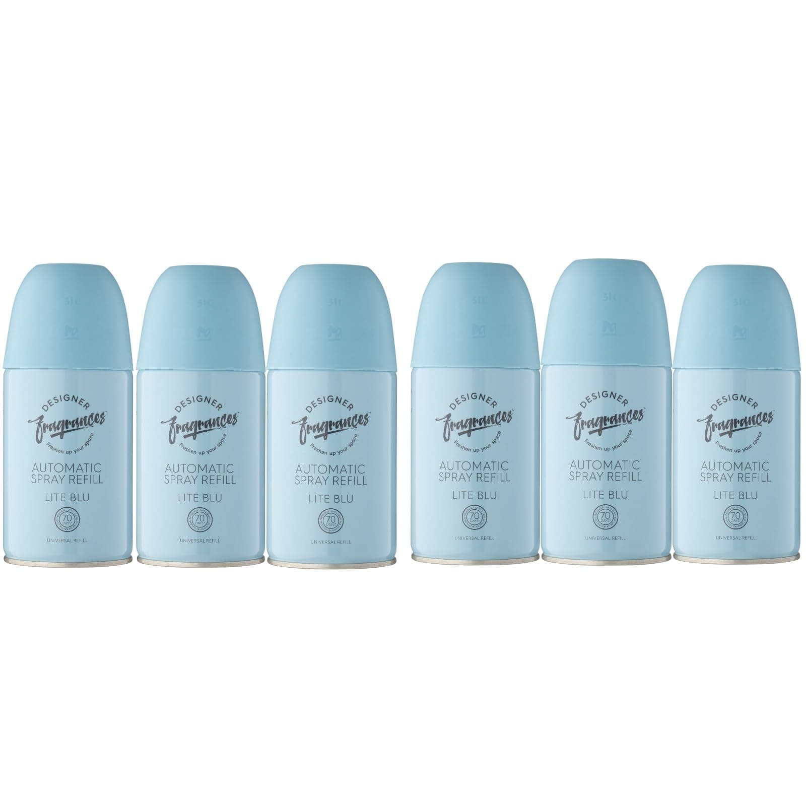 Designer Fragrances 6 Pack Lite Blu Automatic Room Spray Universal Refill Air Freshener Cans - For Home & Vehicles – Upto 70 Days of Luxury Lasting Smell - Deodorise & Neutralise Odours – 250ml