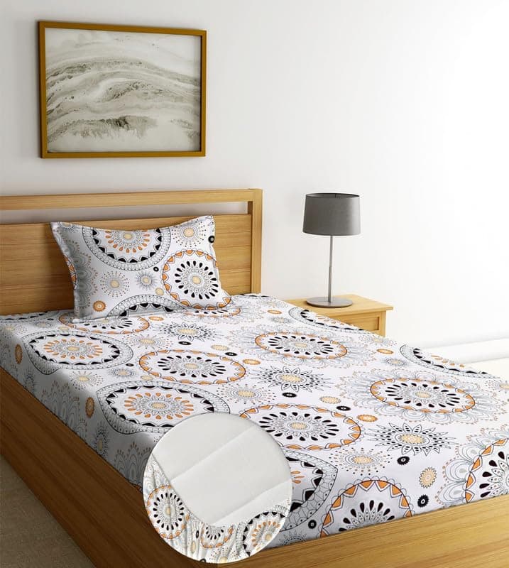 NEW LEAF Pure Cotton Elastic Fitted Bedsheets with 1 King Size Pillow Covers | Single Mattress Bed with All Around Elastic 210tc Supersoft | Size - 72 x 36 +6 inches | Tradittional, White & Black