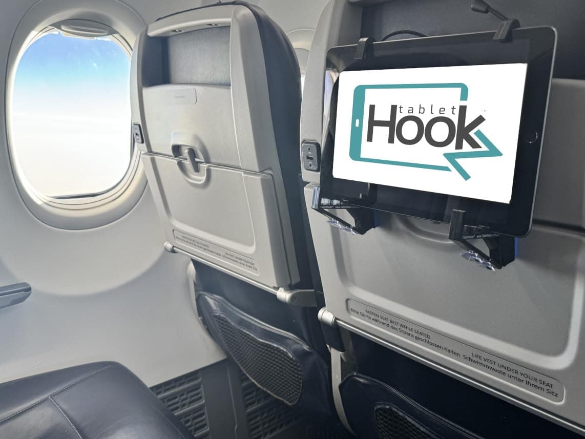 TabletHookz v3. Tablet/iPad Holder for The Plane Train and car. Hands-Free. Mount Your Device securely at Eye Level. Create Your own Inflight Entertainment While Keeping Your Device Safe and Secure.