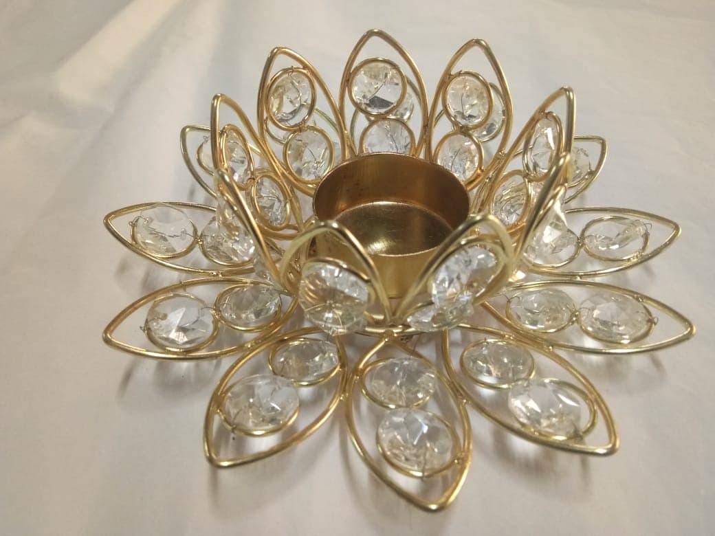 FireFlies Crystal Lotus Table top T-Light Candle Holder (Pack of 1, Gold)