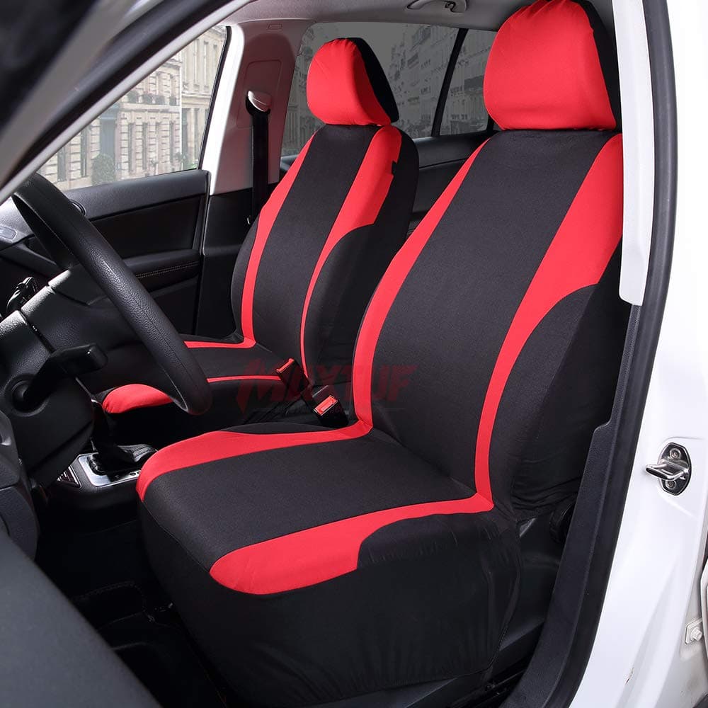 MAXTUF Car Seat Cover Set, 2PCS Front Seat Protector 3mm Breathable Sponge Inside and Compatible Airbag for Most Detached Headrests Seats Vehicle Truck SUVs Sedans Van, Black and Red