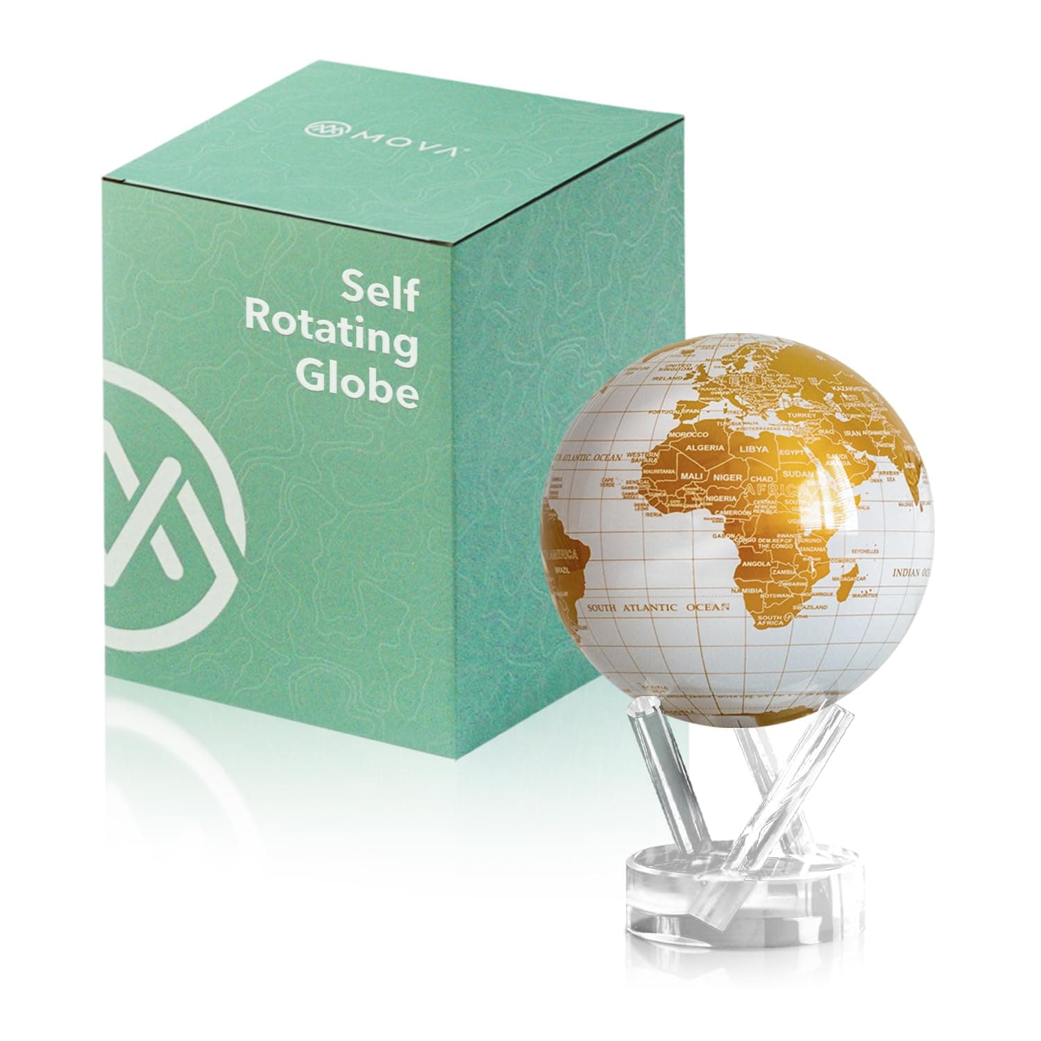 Globe - Pearl White and Gold Classic (4.5") | Solar-Powered Rotating World Globe for Desk | Elegant Modern Decor | No Batteries or Wires