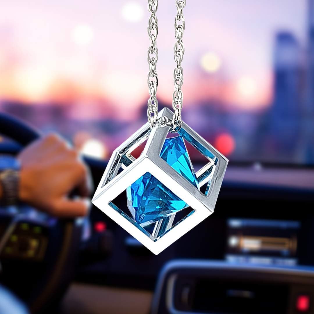 Bling Car Decor Blue Diamond Cube Rear View Mirror Charms, Floating Crystal Car Mirror Charms, Sun Catcher Hanging Ornament w/Chain, Bling Car Accessories, Car Charm & Home Decor Ornament (Blue)