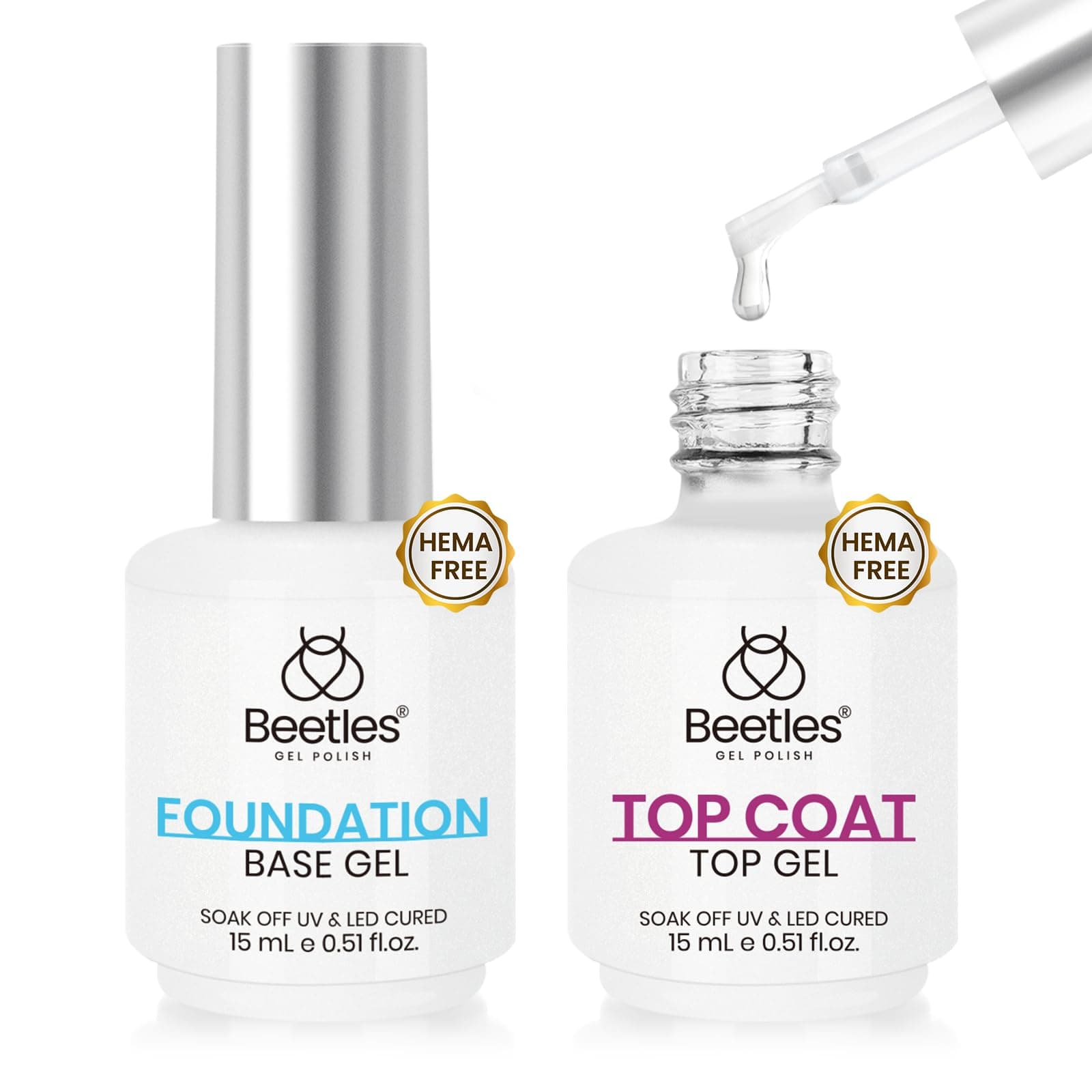 Beetles 2Pcs Gel Base and Top Coat Set No Wipe Upgraded Mild Formula Glossy UV Top & Base Coat Long Lasting Effect Soak Off No More Damaged Nails Gift for Women Girls