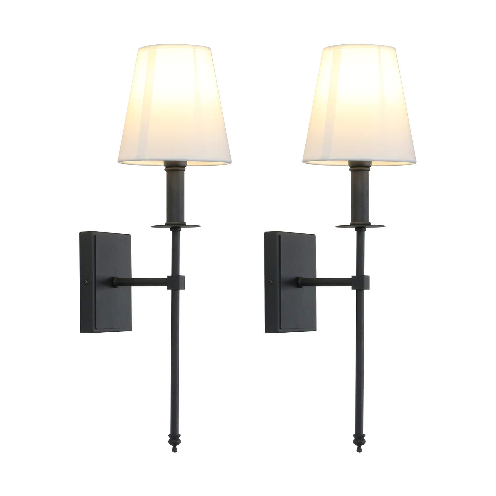 PERMO Set of 2 Classic Rustic Industrial Wall Sconce Lighting Fixture with Flared White Textile Lamp Shade and Black Tapered Column Stand, Hardwired, E26 Base