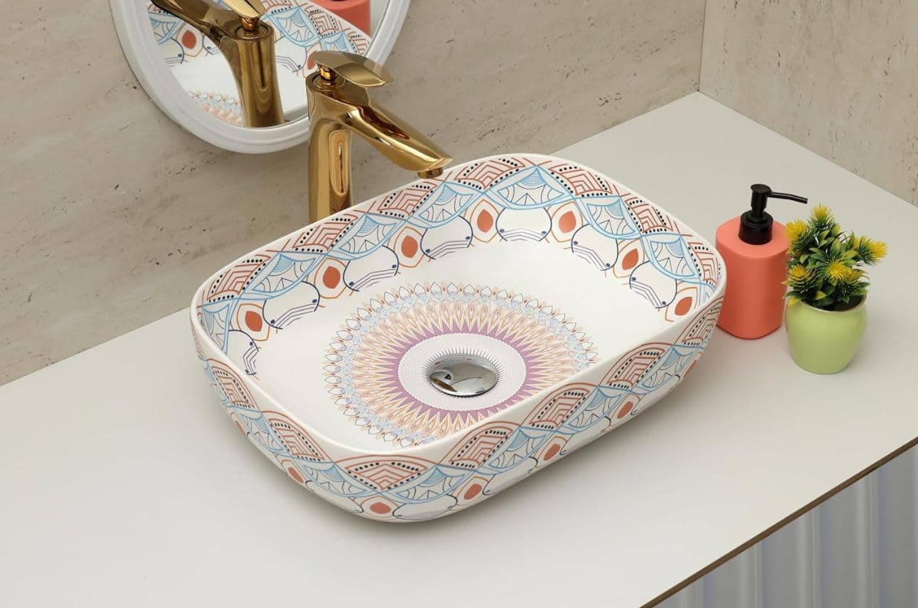 CLUSTER Designer Table Top Wash Basin For Bathroom | Ceramic Bathroom Sink | Over Counter Moroccan Design Wash Basin for Hotel, Resturent (18 x 13 x 5.5 Inch) (Moroccan Design 11)