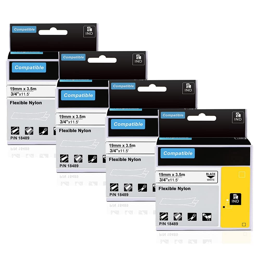 19mm Industrial Flexible Nylon Labels Replacement for Dymo Rhino 18489 Flexible Nylon Label Tape | 3/4" x 11.5' | Black Print on White | Compatible with DYMO Rhino 5200 4200 5000 6000 Label Maker