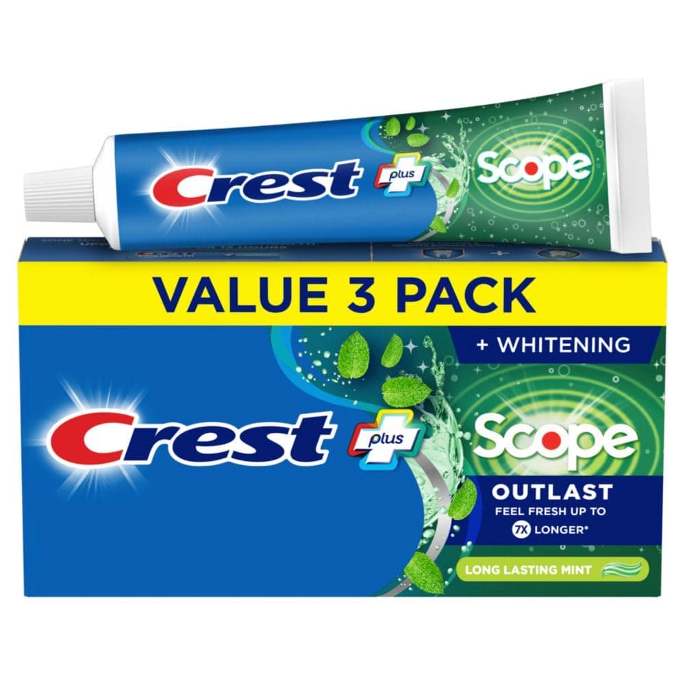Crest Complete Whitening + Scope, Long Lasting Mint Toothpaste, Triple Pack (3 Count of 5.4 oz Tubes), 16.2 oz