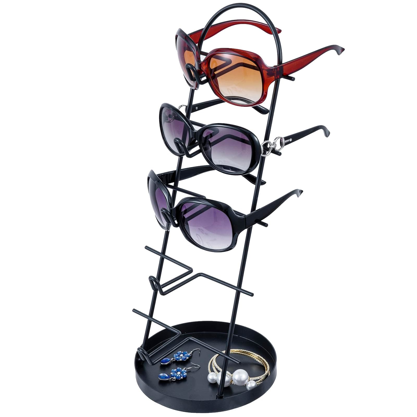 MyGift Modern Black Metal 5 Pair Sunglass Display Stand with Ring Jewelry Tray, Retail Eyewear Reading Glasses Showcase Rack
