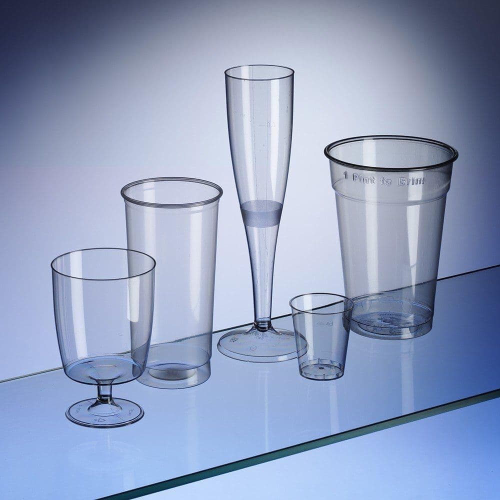 Disposable Glasses Party Box Set 180 Piece. Pints (50) Softdrinks, Long Drinks, half pints (30), Wine (30), Champagne (20) and Shots (50)