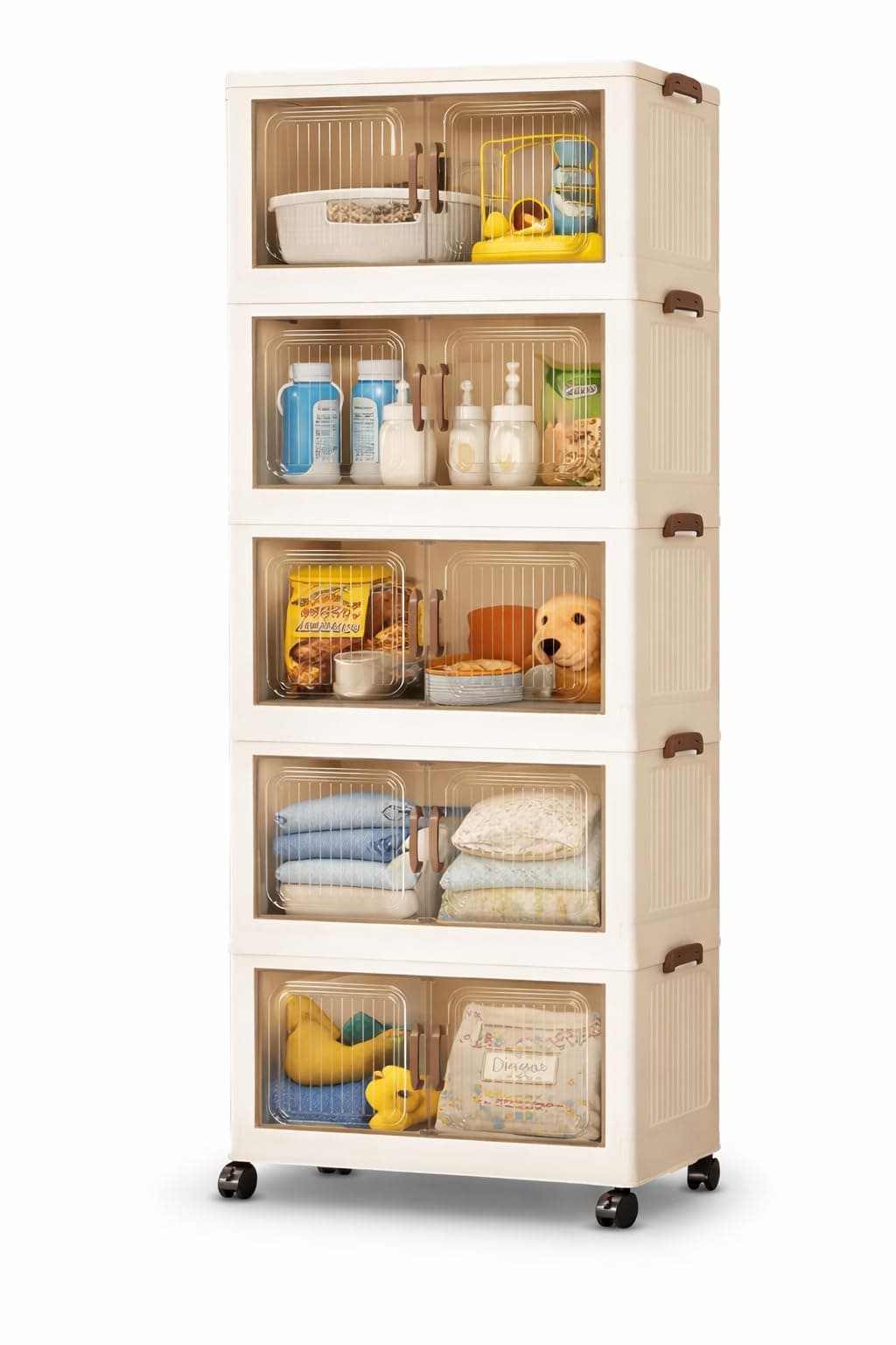 SKY-TOUCH 5 Layer Collapsible Storage Bins, Stackable Plastic Storage Cabinet with Wheels, Dual Opening Storage Box with Magnetic Doors for Home, Living Room, Office, Closet, 60x36x176cm, White