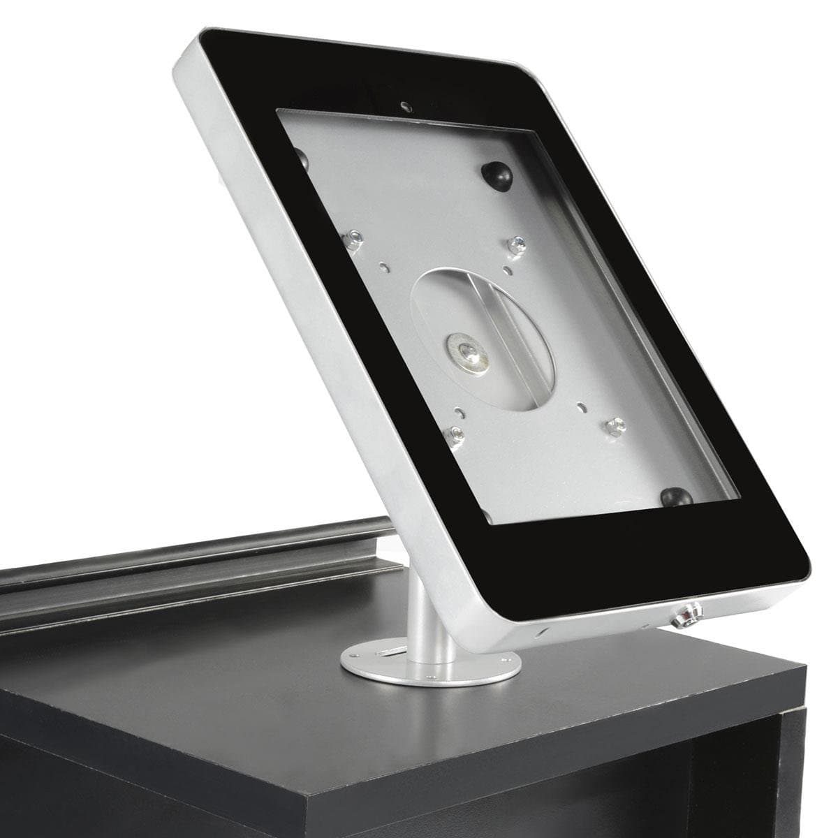 Displays2go iPad Stand, Locking Enclosure, Hidden Home Button, Rotates 360-degrees, Tablet Mount Bolts Directly to a Table (Steel)