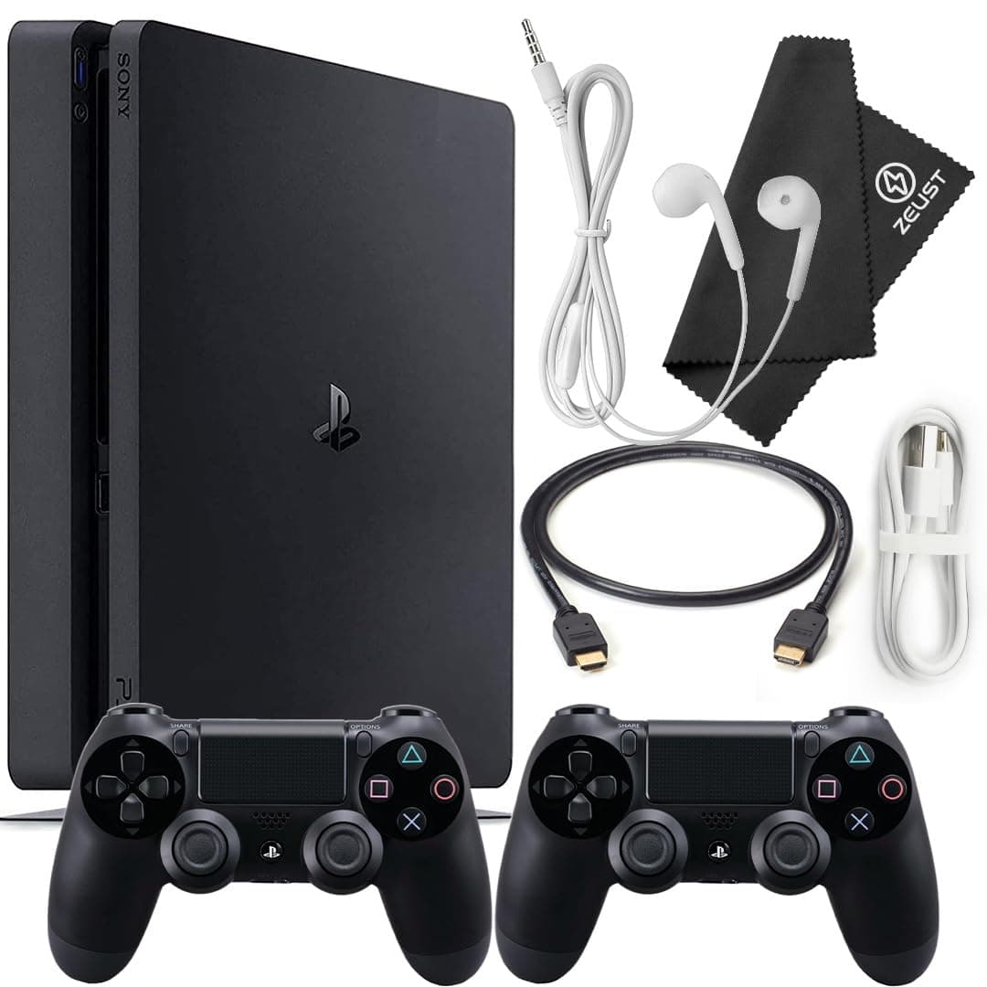 PlayStation 4 Slim 1TB Console Bundle - Includes the PS4 Console Slim 1TB, 2 Dualshock PS4 Wireless Controllers, MicroUSB Charging Cable, HDMI cable, Wired Earbuds and Microfiber Cloth (Renewed)