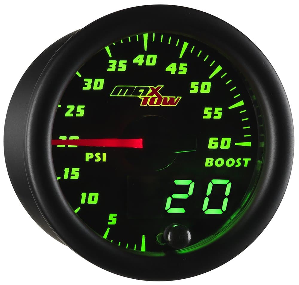 MaxTow Double Vision 60 PSI Turbo Boost Gauge Kit - Includes Electronic Pressure Sensor - Black Gauge Face - Green LED Illuminated Dial - Analog & Digital Readouts - for Diesel Trucks - 2-1/16" 52mm