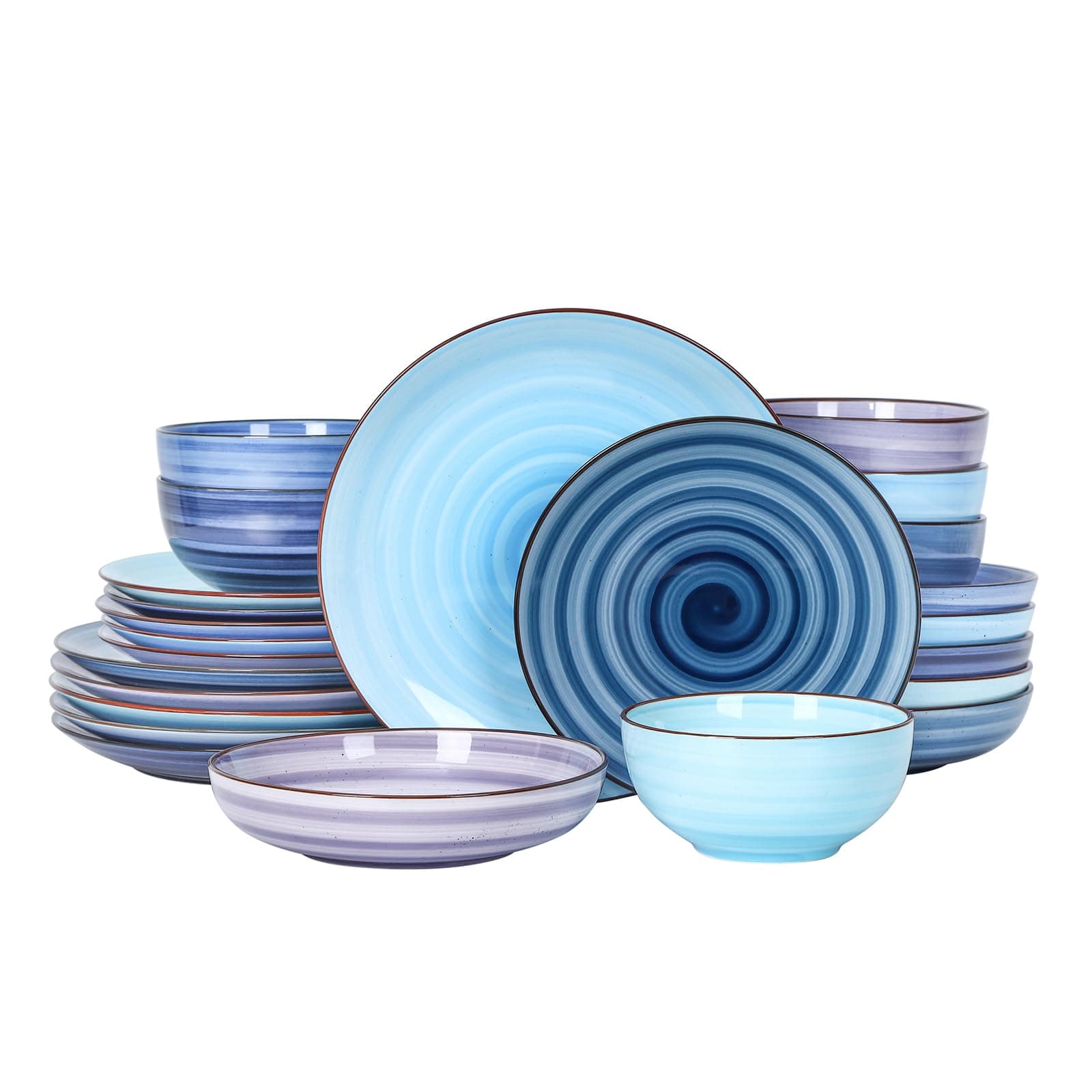 Selamica Ceramic Plates and Bowls Set, 24 Pieces Dinnerware Sets for 6, Scratch Resistant Dishes Set, Handpainted Swirl with Spot Dishwasher & Microwave Safe, Gradient Blue