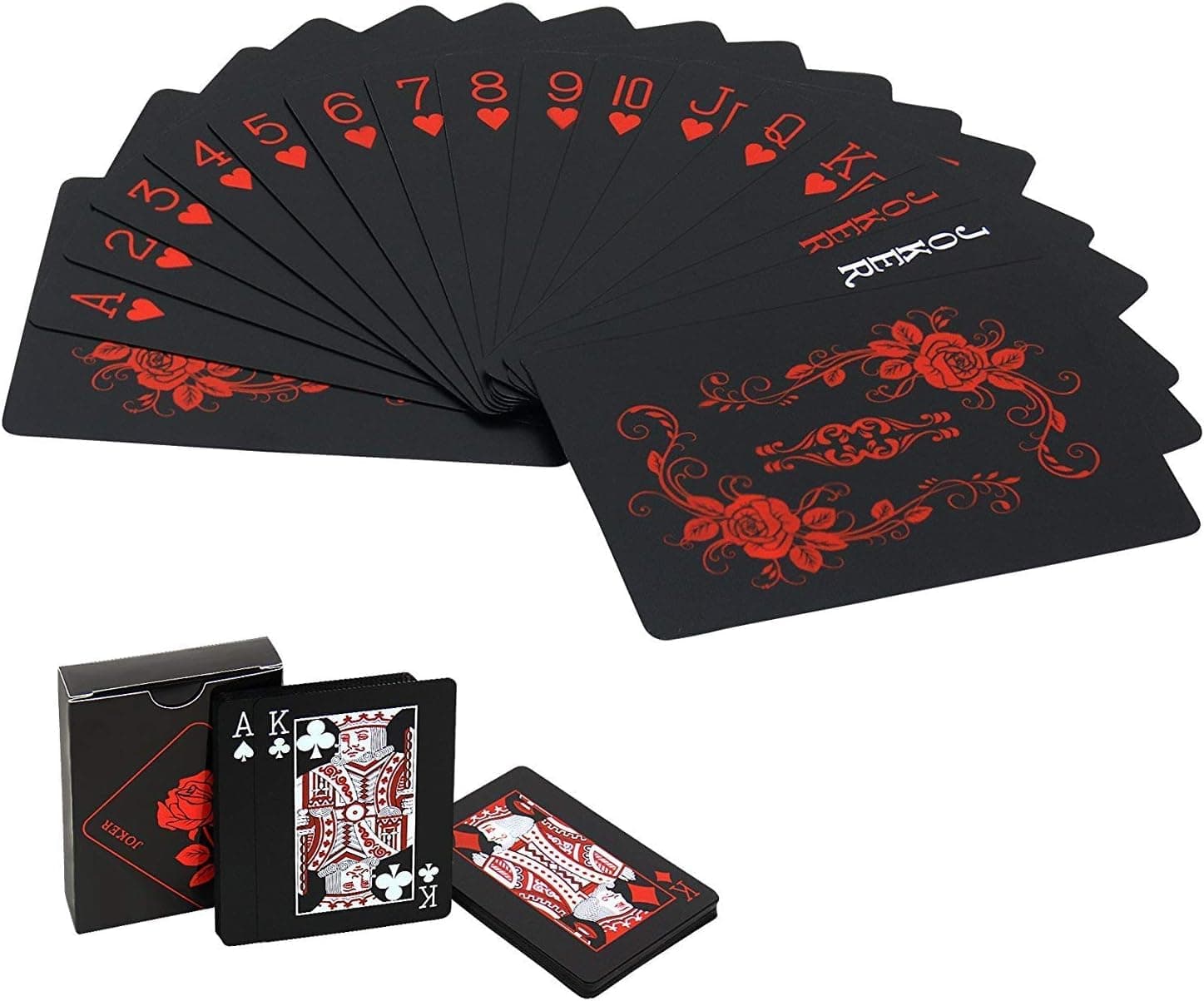 Joyoldelf 54Pcs Poker Playing Cards Black Deck of Poker Card with Rose Pattern & Flower Backing, Classic Magic Tricks Tool - Super Waterproof PVC Cards