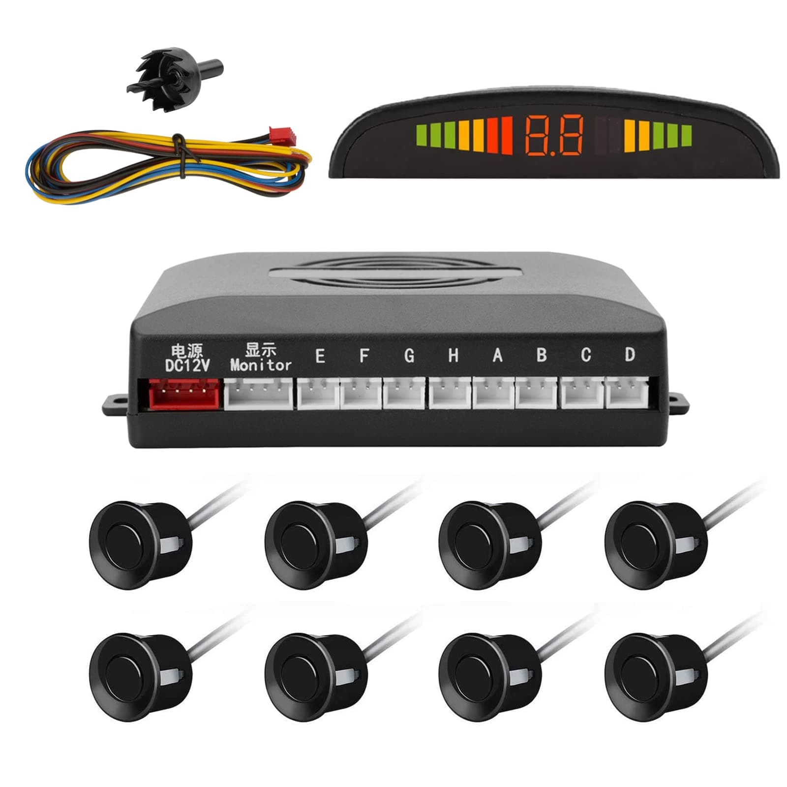 TKOOFN Car Parking Reverse Reversing Backup Radar System with 8 Parking Sensor Front 4 Rear 4 Kit LED Display - Black