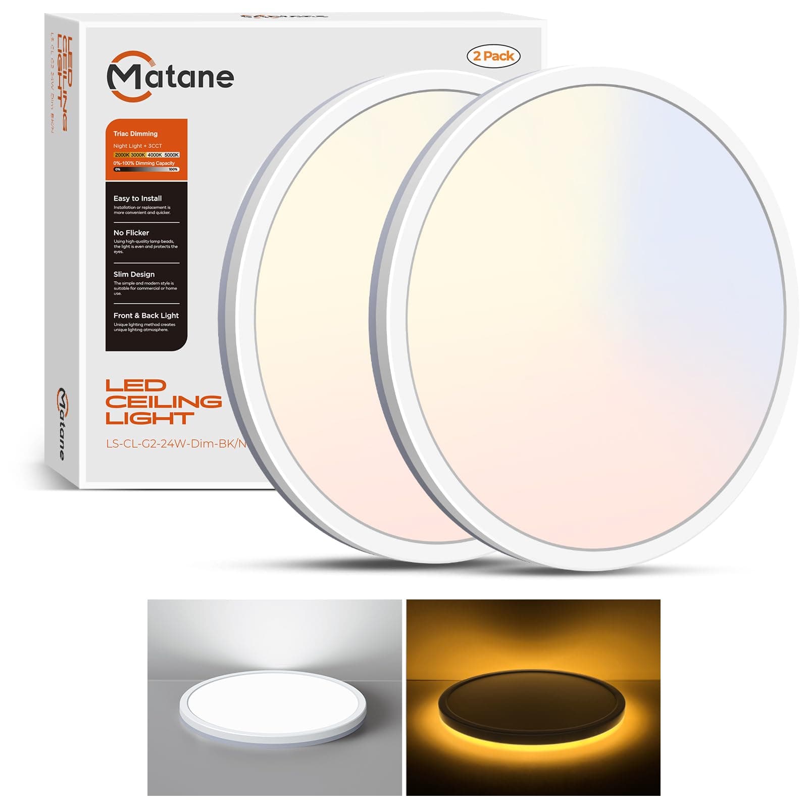 Matane 2Pack LED Flush Mount Ceiling Light Fixture with Night Light, 12inch 24W 2400LM 3000K/4000K/5000K Selectable, Dimmable LED Ceiling Lights for Bedroom, Dining Room, Kitchen, Round White