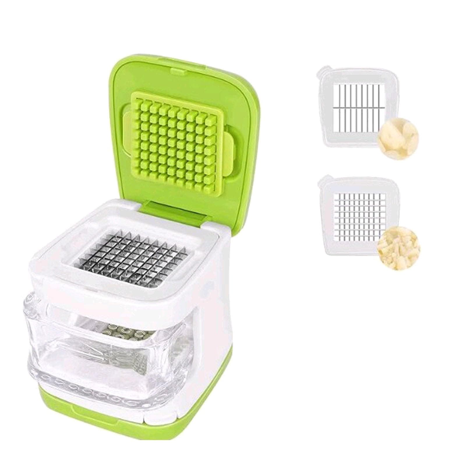 Garlic Press,Double cutting Crusher, Cutter, Mincer, and Storage Container (Green).