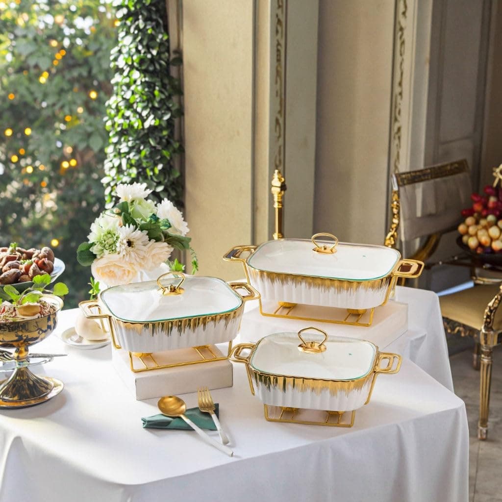 3 Piece Set Chafing Dish Buffet Set, Ceramics Chafer with Imitation Marble Finish, Chafer and Buffet Warmer Set for Buffet Weddings,Parties, Banquets,Catering Events,Golden