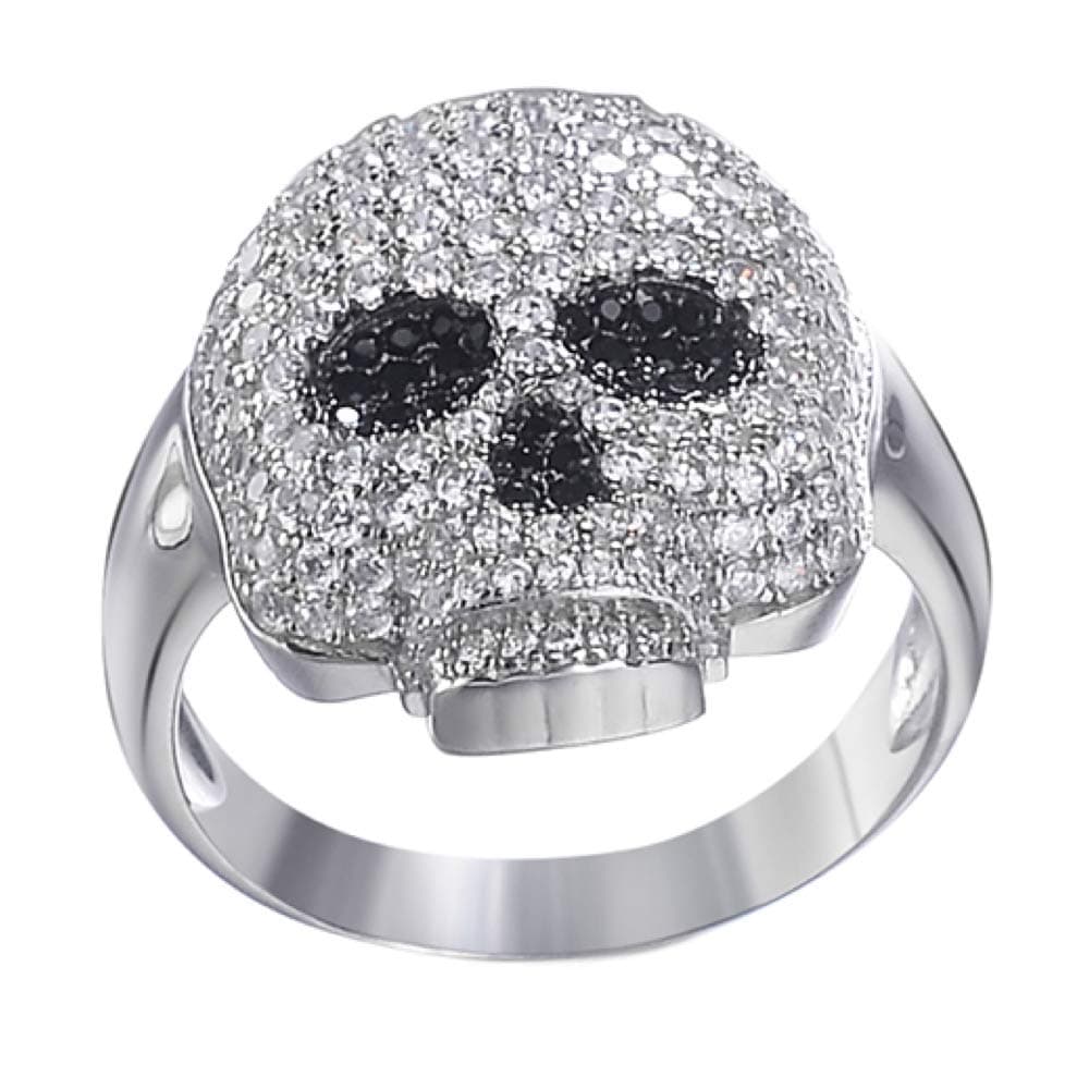 HarlemBlingReal Solid 925 Sterling Silver Mens Iced Ring - Flooded Out Skull Emoji W. Black Diamond Eyes - Santa Muerte Pinky Emoji Ring Or On Any Finger - Hip Hop Ring For Men