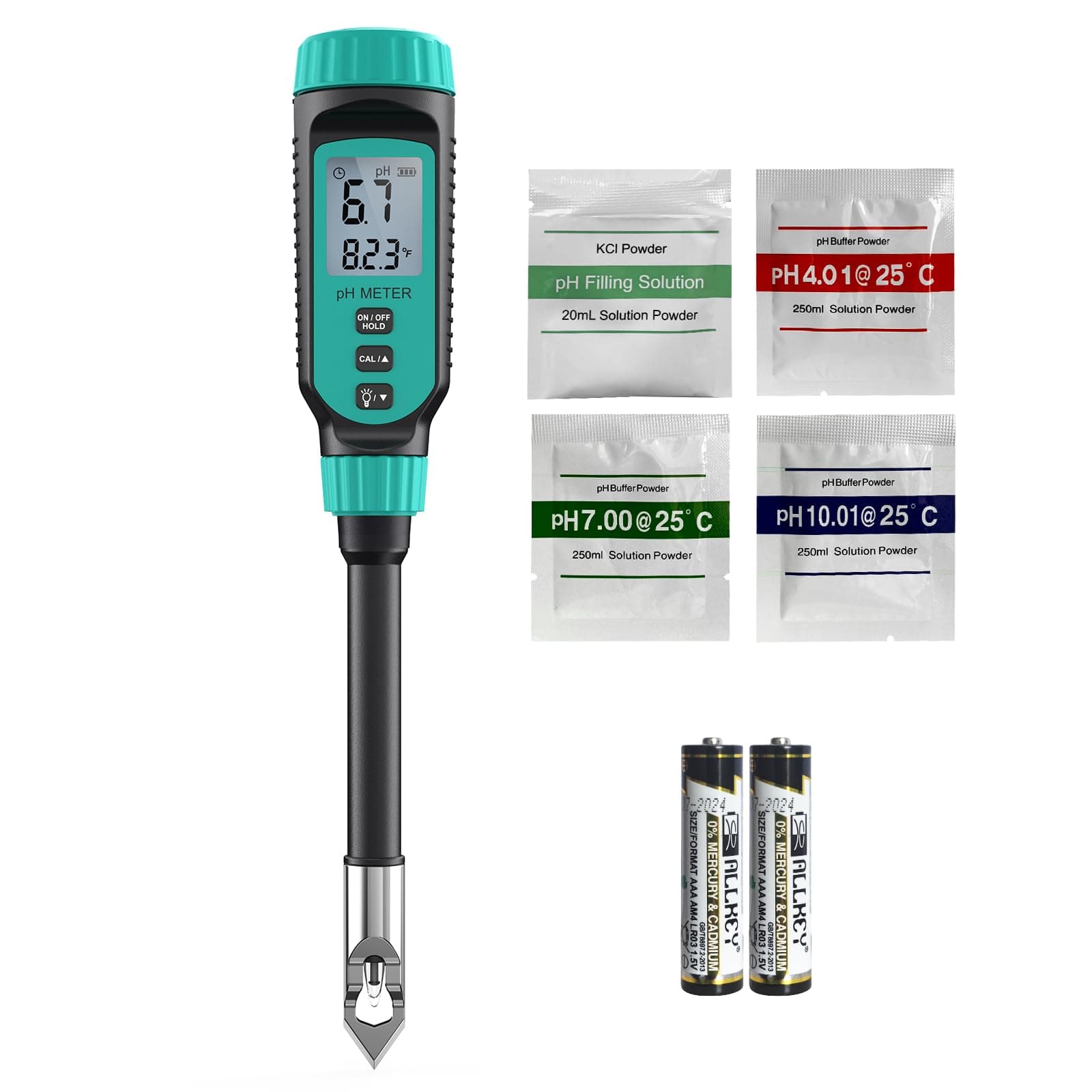 Tadeto Soil pH Tester, High Accuracy Digital pH Meter for Soil, Garden, Water, Plants, Solution and Food, Soil pH Test Kit with Thermometer LCD Display, Calibration Powder and Alloy Protective Cap