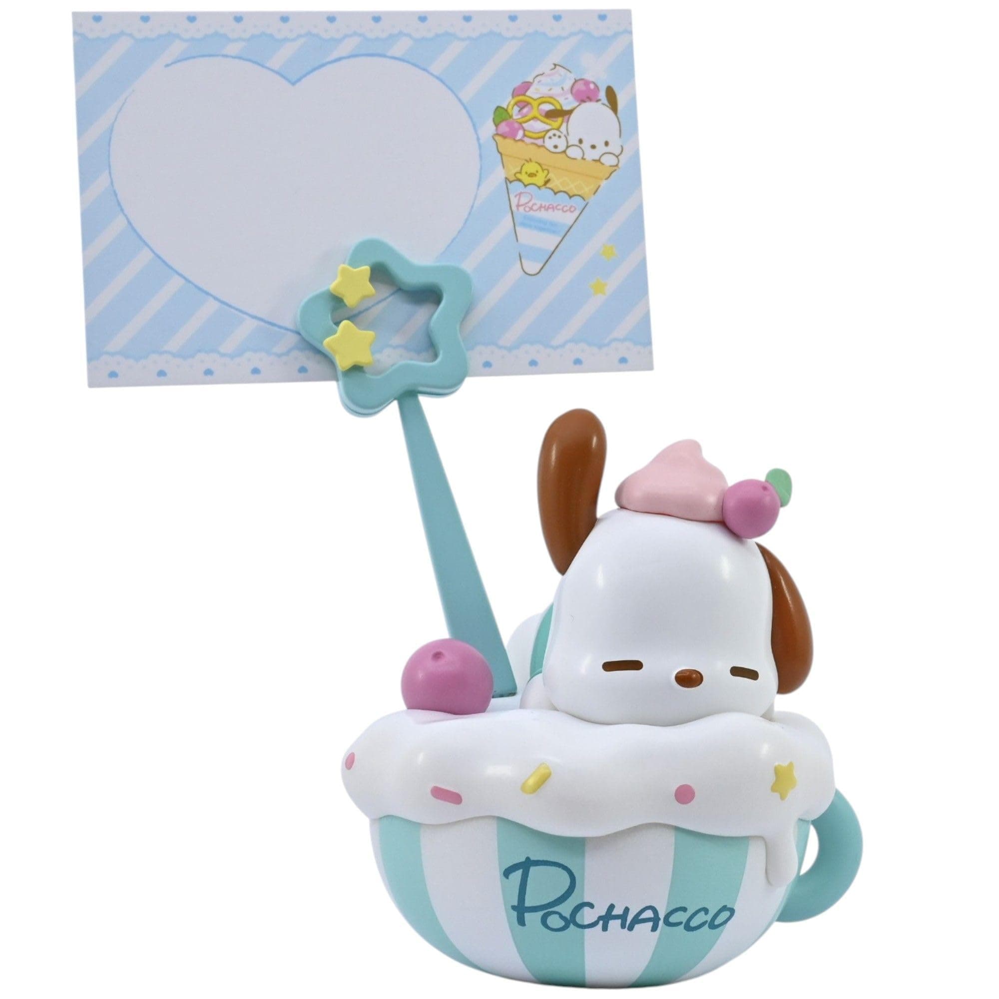 Hello Kitty Memo Stand Party Time Pochacco Functional Accessory, Designed to Hold Notes/Reminders/Images, Desk or Workspace Display Toy, Party Themed Figures, For Fans All Ages