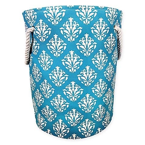 Damask Canvas Fabric Hamper in Aqua/White