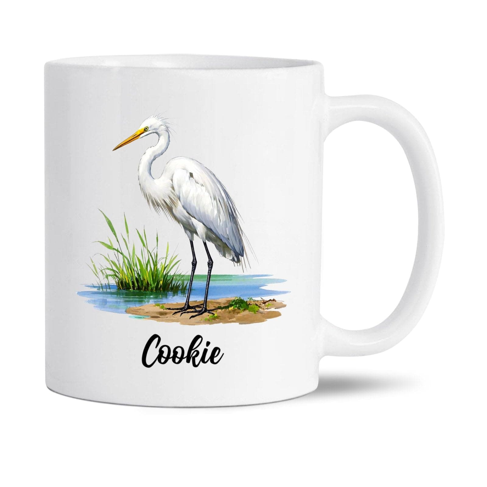 Customized Name Ceramic Mug Gifts For Great Egret Lovers, Personalized Great Egret Bird White Coffee Mug 11Oz 15Oz, Egrets Watercolor Cup, Bird Themed Travel Mugs, Birds Lover Tea Cup For Birthday