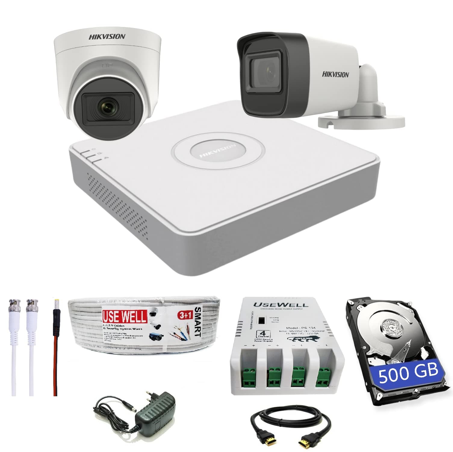 HIKVISION 4 Channel DVR with 5 MP 1 Dome & 1 Bullet Cameras with Audio Recording + 500 GB HDD + (3+1) Cable roll + 4 CH Power Supply + USEWELL BNC & DC Full Combo Kit