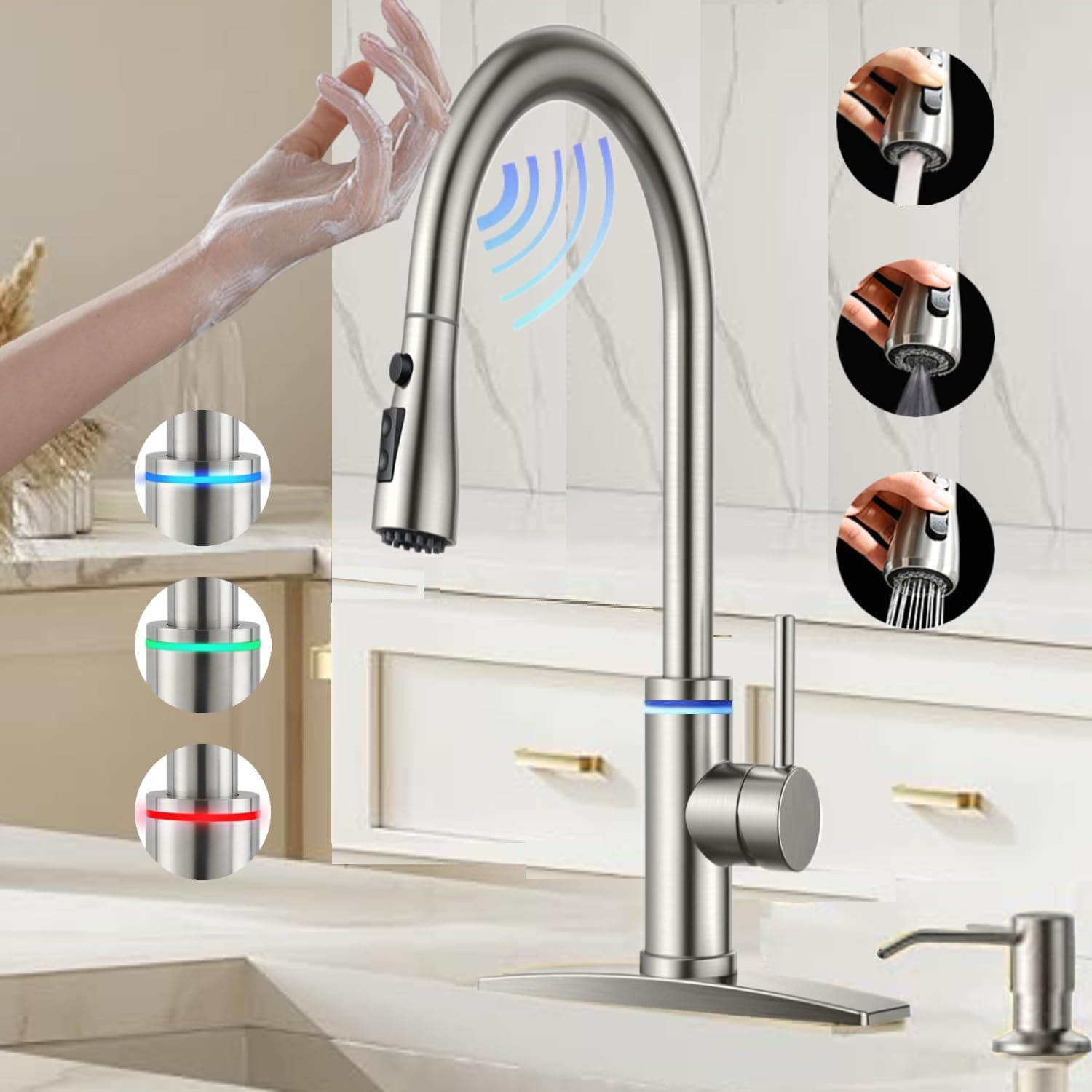 Touch On Kitchen Faucet, 3 Modes Pull Down Sprayer, Touch On Sensor Activated, LED Temperature Control, 360-Degree Rotation,1 or 3 Hole Deck Plate. 10-Year Warranty.(Brushed Nickel, KW-70SN)
