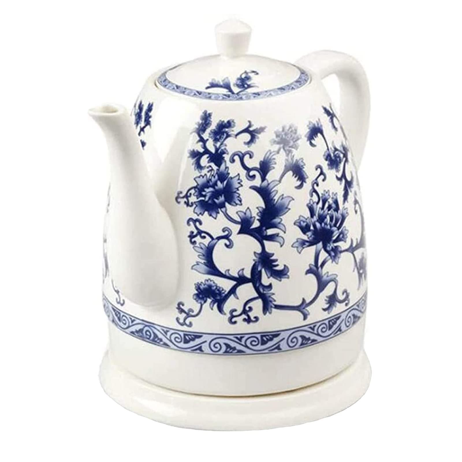 Electric Kettle, Ceramic Electric Tea Kettle with Overheating Protection and Auto Shut-Off, Removable Base,1.5 Liter Blue and White Porcelain Fast Boiling Hot Water Kettle for Coffee Tea Cocoa Oatmeal