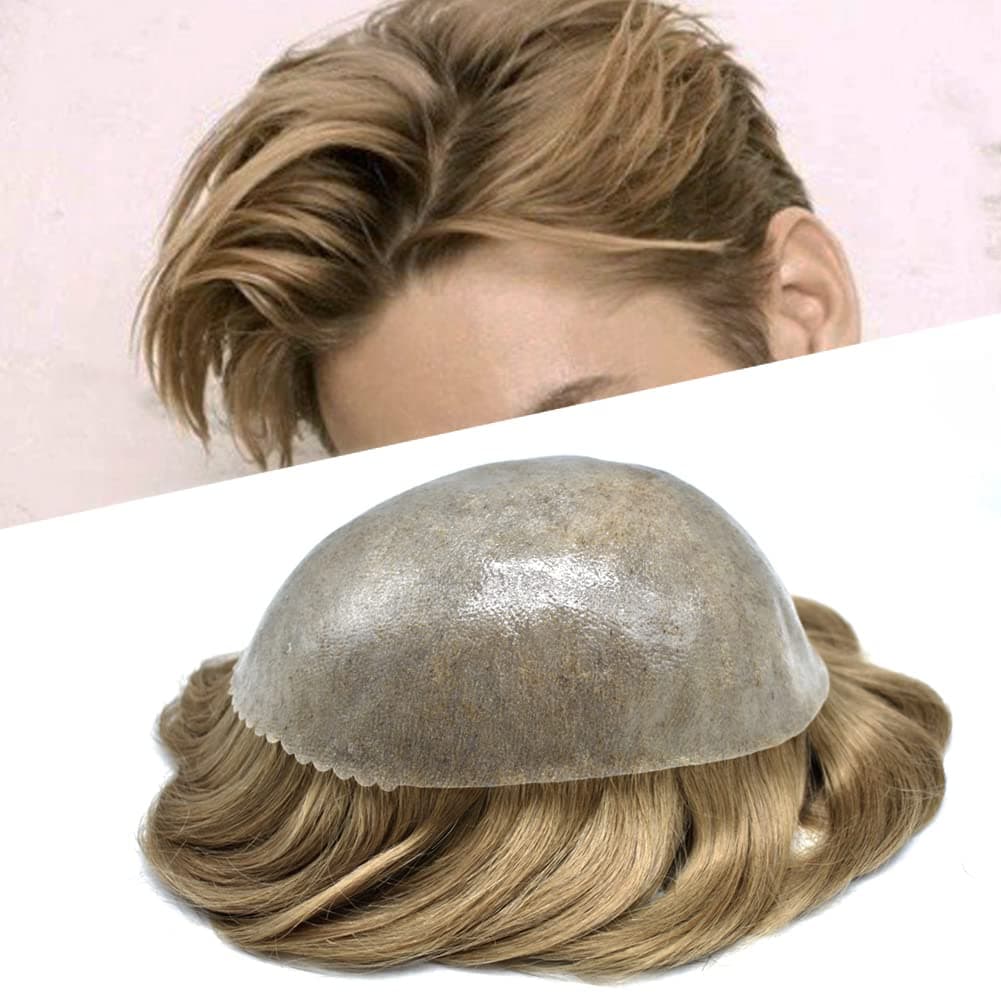 Toupee for Men's Hair Replacement System - Full Injected PU Durable Skin Wig - Soft Human Hair Piece - Grey 5x7" #22R Light Blonde-120% Medium Light to Medium Density