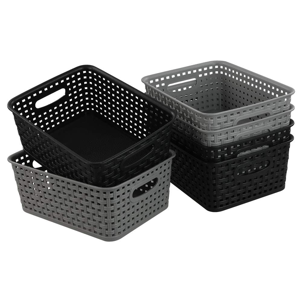 Joycky 6-Pack Plastic Weave Storage Basket, Grey and Black