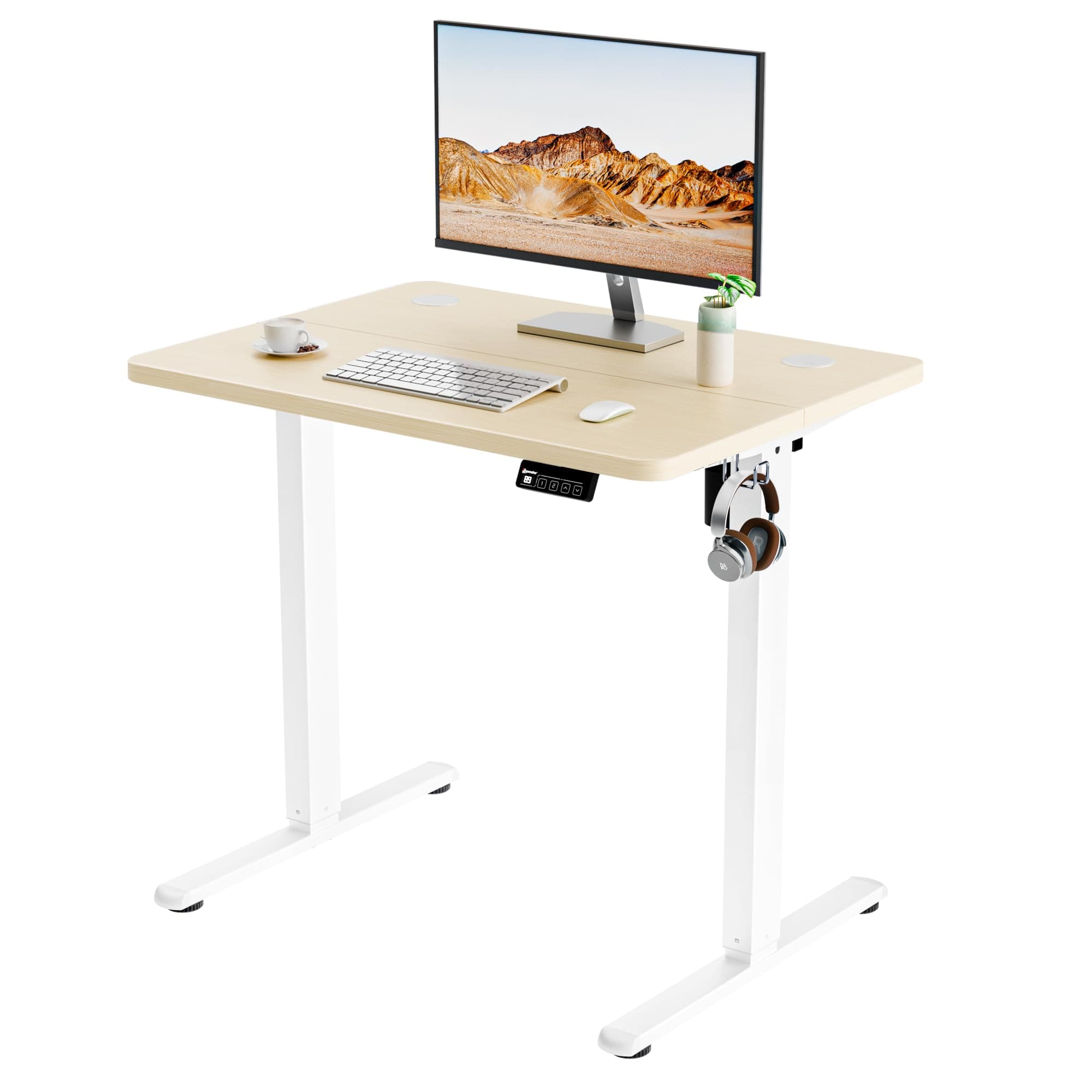 ERGOMAKER Electric Standing Desk, 80 x 60 cm Height Adjustable Sit Stand Desk with Splice Board for Home Office, Computer Table Memory Preset (White Frame, Gold Oak Desktop)