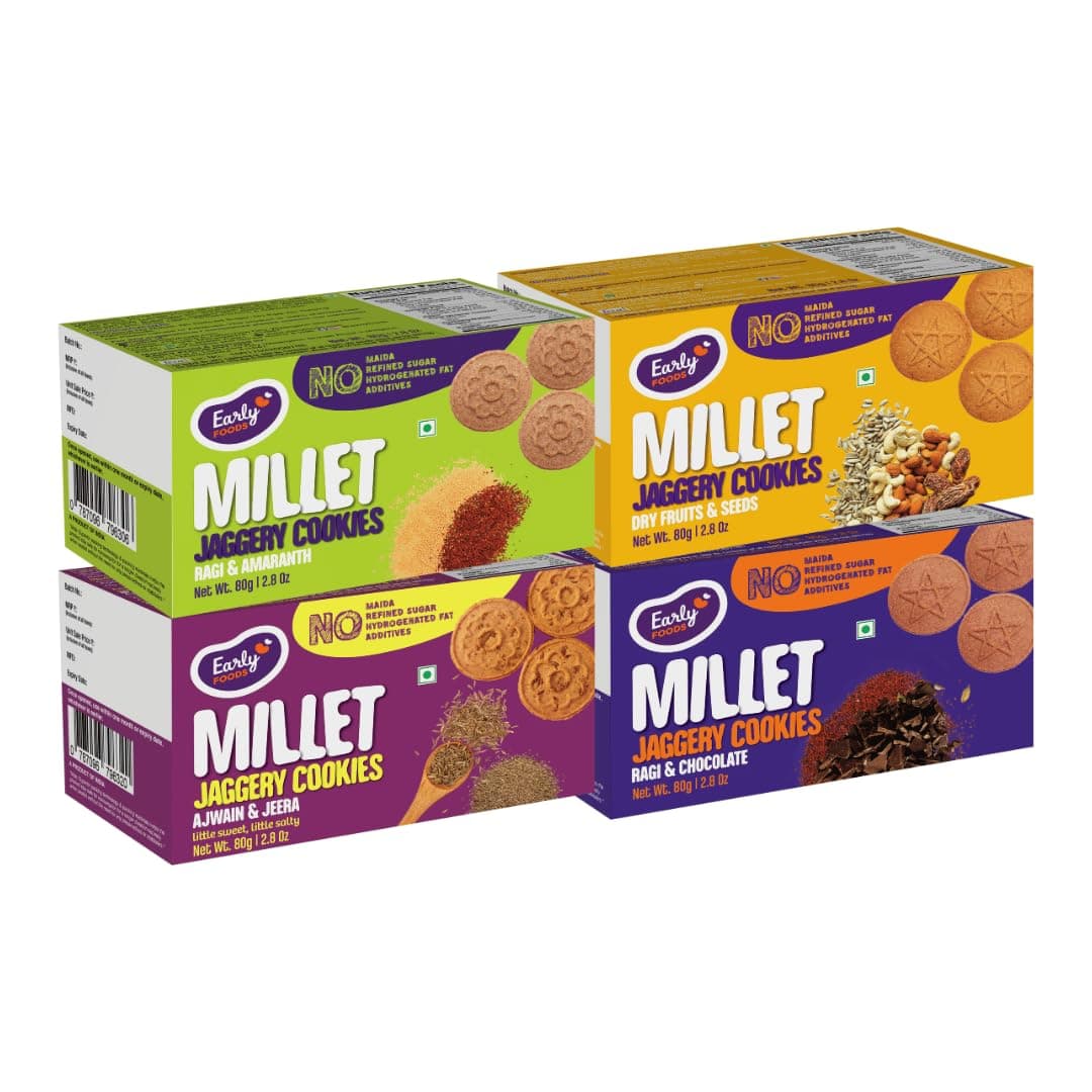 Early Foods Assorted Cookie Combo - Ragi Choco, Dry Fruit, Multigrain, Ragi Amarnth Millet Jaggery Cookies Pack of 4, 600 g Healthy Biscuits