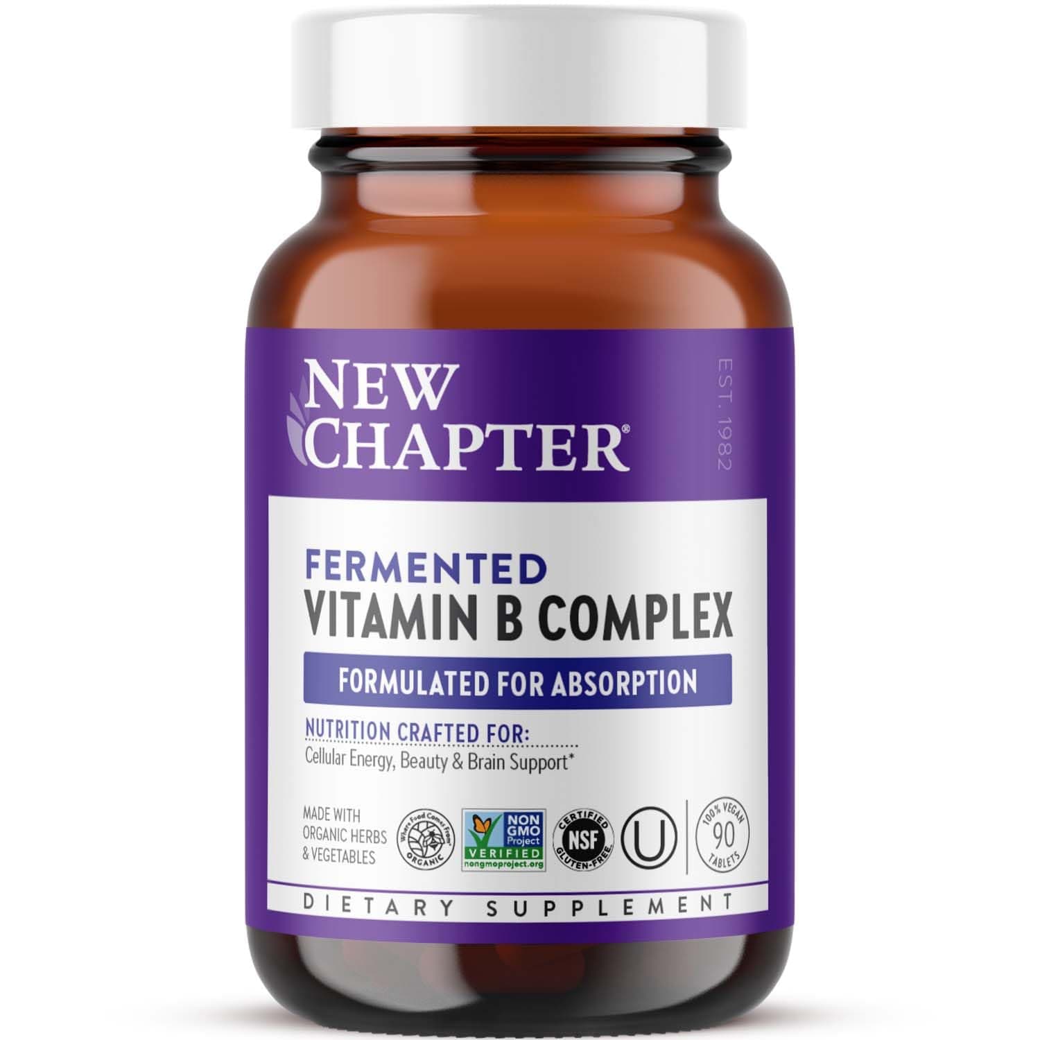 Vitamin B Complex, Fermented Vitamin B Complex, Organic, ONE Daily with Whole-Food Herbs + Adaptogenic Maca for Natural Energy + Beauty, 100% Vegan, Gluten-Free - 90 Count