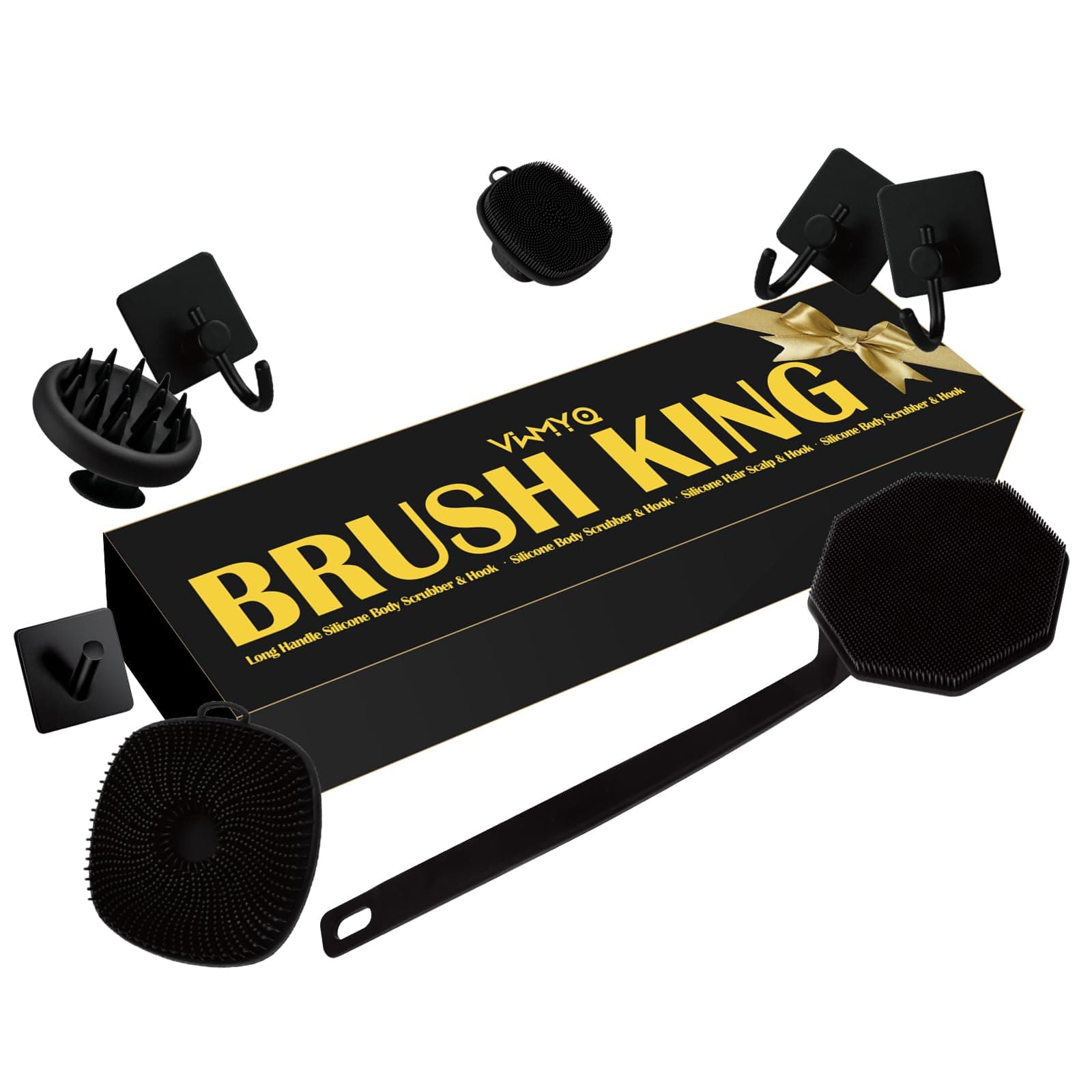 Silicone Body Scrubber Set ,Includes Back & Body Scrubbers, Face Brush, Scalp Massager, 4 Storage Hooks, Shower & Bathroom Hygiene Accessories for Gift(Black) (D)