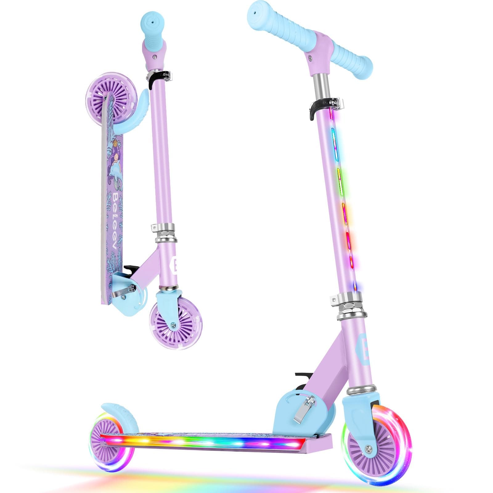 BELEEV V2 Scooters for Kids with Light-Up Wheels & Stem & Deck, 2 Wheel Folding Scooter for Girls Boys, 3 Adjustable Height, Non-Slip Pattern Deck, Lightweight Kick Scooter for Children Ages 3-12