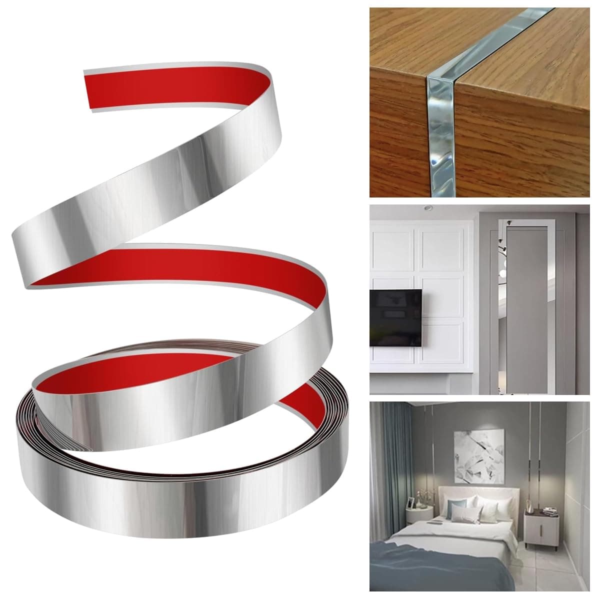 16.4ft Silver Metal Trim Wall Strip, 201 Stainless Steel Self Adhesive Peel and Stick Wall Trim Metalized Mirror-Like Finish for Ceiling Floor Cabinet Tile Edge Moulding, 2 Cm