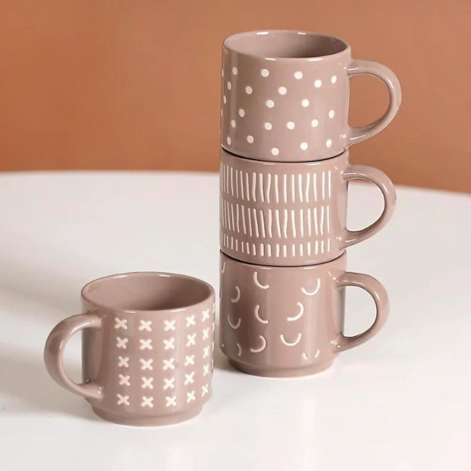 Nestasia Stackable Ceramic Cups Set of 4 (220 ml) | Microwave & Dishwasher Safe Tea & Coffee Mugs with Glossy Finish | Ideal for Gifting (Beige)