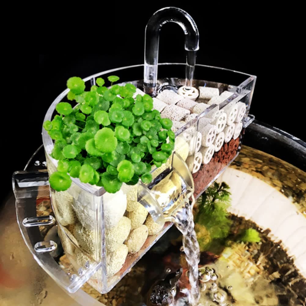 3-in-1 Aquarium External Filter Box - Acrylic Hang On Filter With Waterfall for Increased Oxygen and Water Purification - Fish Tank Accessory for Round Bowl (M)
