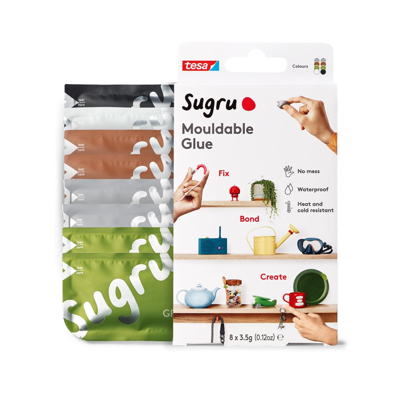 Sugru by tesa - Mouldable Multi-Purpose Glue for Creative Fixing and Making, Black, White, Green, Brown and Gray, 8-Pack