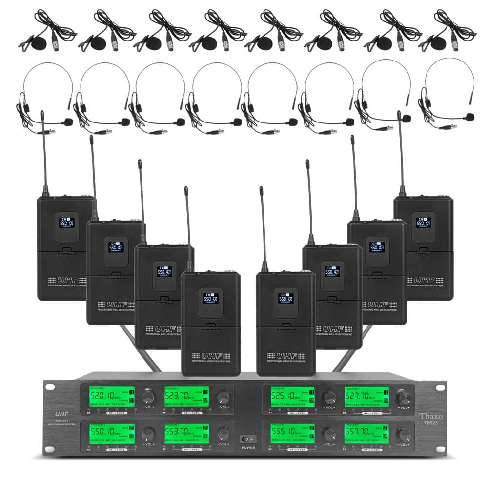 Wireless Microphone System UHF 8 Channel 8 Lavalier Bodypacks 8 Lapel Mic 8 Headsets for Karaoke System Church Speaking Conference Wedding Party 3 Year Warranty