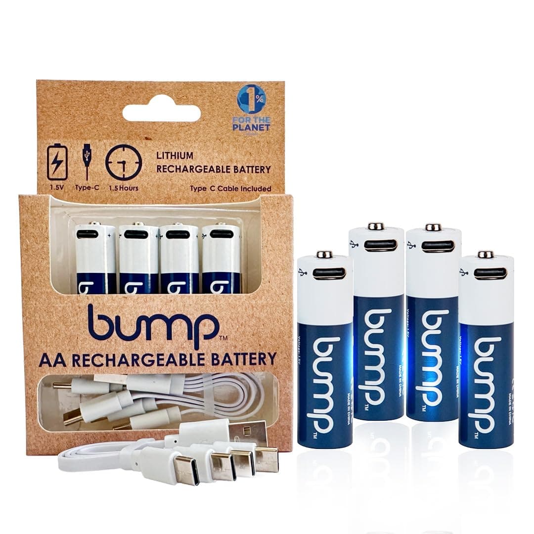 BUMP AA Rechargeable Batteries - 4 Pack - Lithium Ion, High Output, Fast & Long Lasting USB-C Charge, Use w/Remote Control, Battery Operated Toys, Keyboards, Wireless Mice, Charger Cable Included